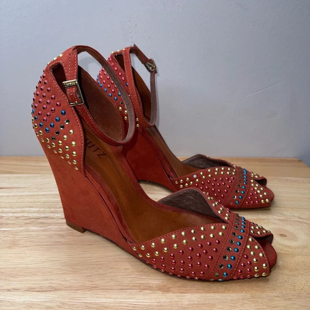 Schutz Burnt Orange Suede Studded Wedge Sandals Peep Toe Ankle Strap Size 9B